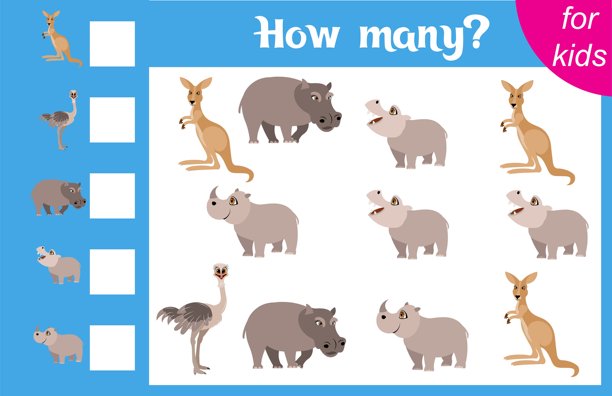 儿童计数游戏。袋鼠、河马、鸵鸟和犀牛。动物园。图片中有多少只动物。儿童计算。学前班工作表。可打印。图片下载