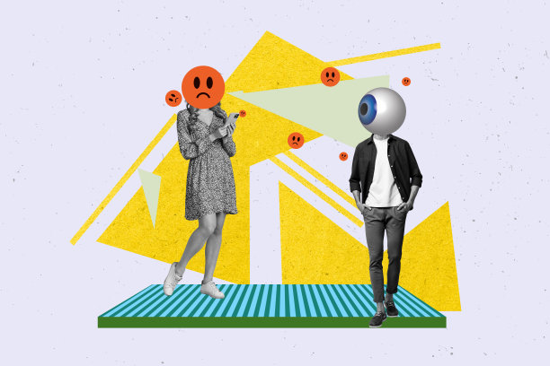 艺术图像创意照片拼贴，两个匿名女孩和男孩的头部被坏表情符号的眼球盯着，展现出欺凌紧张的加害者问题。图片下载