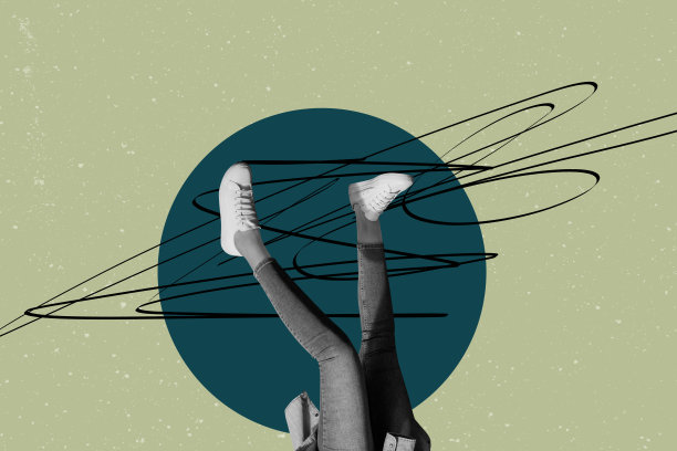 时尚杂志的拼贴照片，展示了一位匿名女孩和男孩的腿，穿着运动鞋和牛仔裤，倒立着购物。图片下载