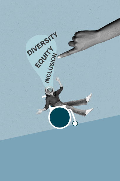 艺术图像，垂直照片拼贴，匿名女孩坐在轮椅上，体现包容性，残疾，健康问题，瘫痪，手指指向。图片下载