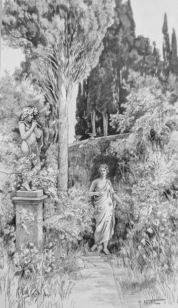 年轻美女在花园中漫步，穿着柔软悬垂裙子的女人走过一座吹笛少年雕像。图片下载