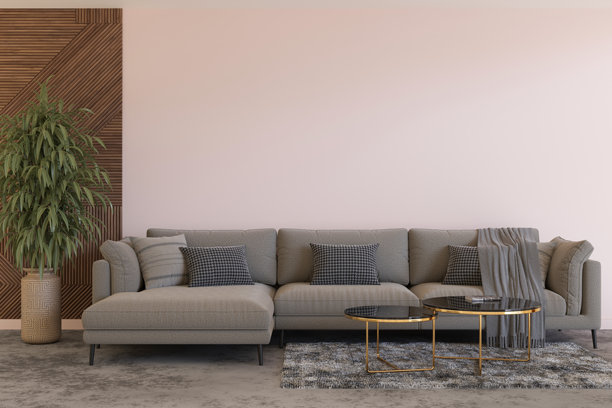 一个时尚的室内环境，配有现代沙发、精致的靠垫和装饰性桌子。空白的墙面提供了充足的空间用于展示艺术作品或照片，提升了氛围。3D。图片下载