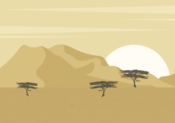 沙漠景观，沙丘与树木插图。卡拉哈里跨境公园海报。美学撒哈拉全景图片下载