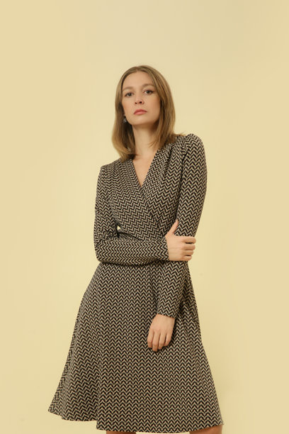 一系列女性模特穿着图案棕色中长裙的工作室照片，秋冬时尚系列。图片下载