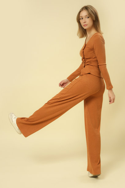 女性模特穿着基本舒适的金棕色针织套装的工作室照片，秋冬时尚系列。图片下载