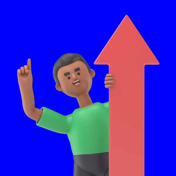3D插图：英俊的非洲裔男性大卫手持向上的箭头，象征增长，蓝色背景模型。3D渲染在蓝色背景上，适用于视频素材和抠图。图片下载