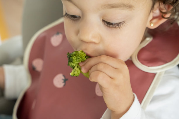 一位美丽的小女孩正在练习婴儿主导的辅食喂养法，吃着西兰花。健康均衡的饮食。健康食品。图片下载
