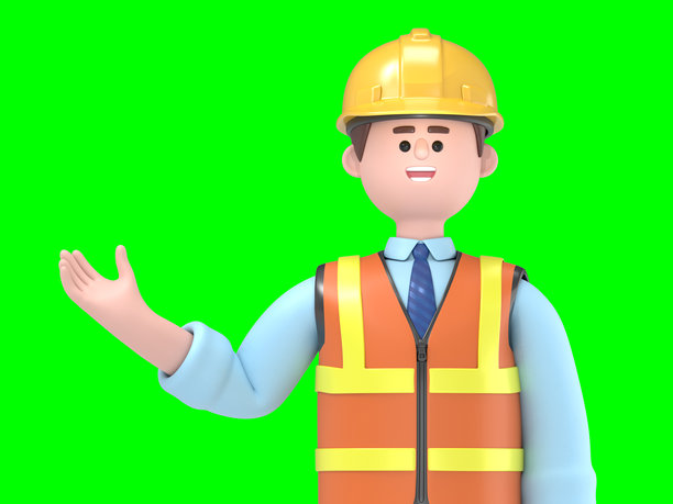 男性工程师欧文的3D插图，站立并指着手指，绿色屏幕模型。3D渲染在绿色屏幕上，用于视频素材和抠图。图片下载