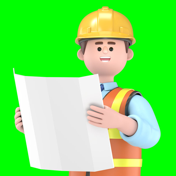 男性工程师欧文的3D插图，正在阅读图纸。绿幕模型。3D渲染在绿幕上用于视频素材和抠图。图片下载