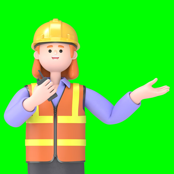 女性工程师Pam的3D插图 - 手持麦克风的新闻主播。绿幕模型。3D渲染在绿幕上用于视频素材和抠图。图片下载