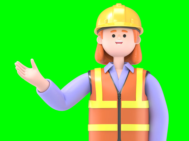 女性工程师Pam指着屏幕的3D插图，绿色屏幕模型。3D渲染在绿色屏幕上，用于视频素材和抠图。图片下载