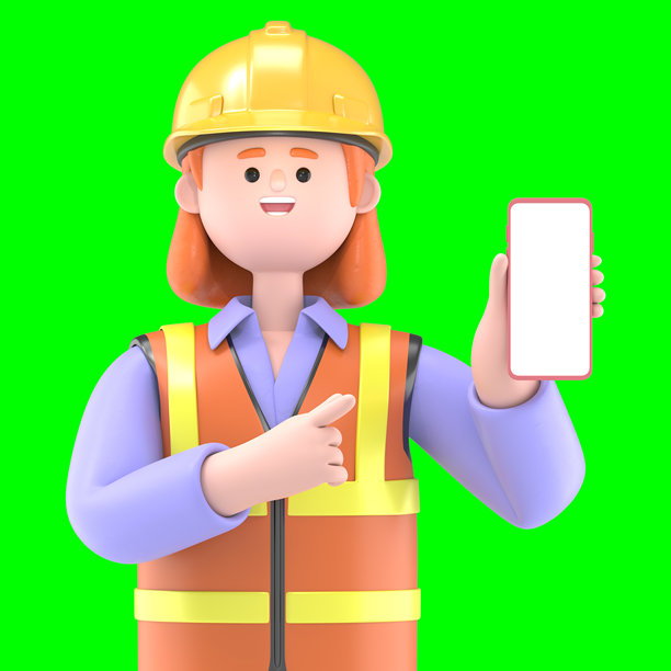 女性工程师Pam手持智能手机，展示空白屏幕。绿色屏幕模型。3D渲染，适用于视频素材和剪辑路径。图片下载