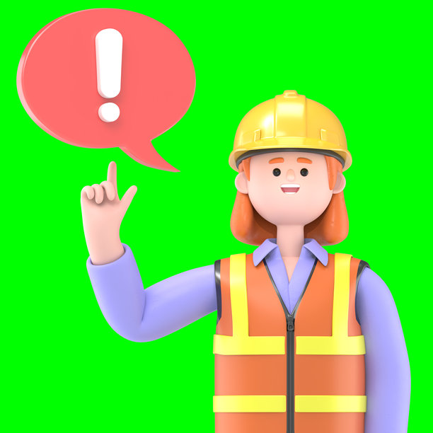 思考中的女性工程师Pam的3D插图，带有感叹号的对话气泡。绿幕模型。3D渲染在绿幕上，用于视频素材和剪辑路径。图片下载