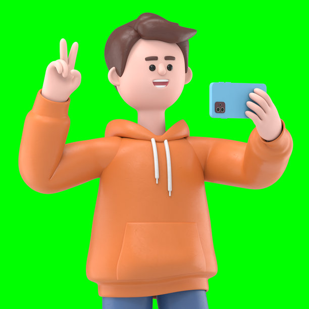 3D插图：微笑的男性卡迪尔戴着耳机，通过智能手机进行视频通话或自拍，并做出胜利手势。3D渲染，适用于绿幕素材和剪辑路径。图片下载