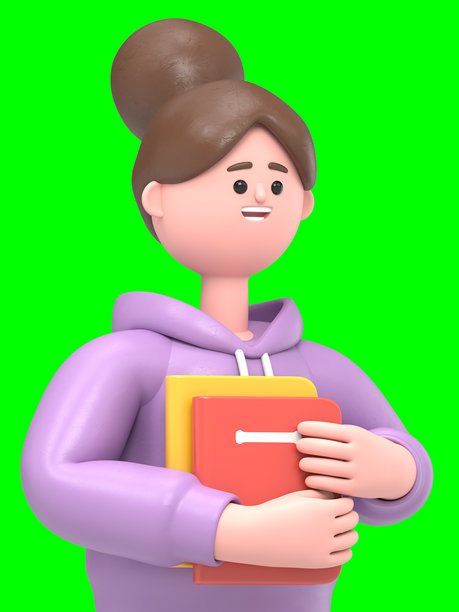 3D插图：亚洲女孩Renae手持书籍。绿幕模型。3D渲染在绿幕上，用于视频素材和抠图。图片下载