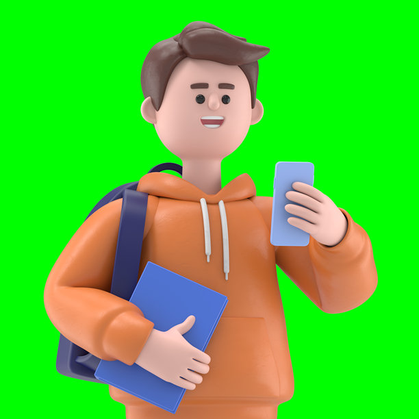 3D插图：微笑的亚洲男性卡迪尔手持书籍并使用智能手机。绿色屏幕模型。3D渲染在绿色屏幕上，适用于视频素材和剪辑路径。图片下载