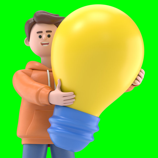 3D插图：微笑的亚洲男子Qadir手持大灯泡，产生新想法。绿幕模型。3D渲染在绿幕上，用于视频素材和抠图。图片下载