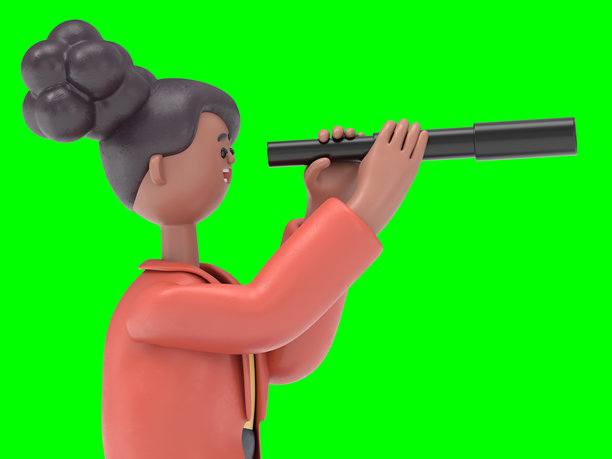 3D插图：非裔美国女性Coco手持望远镜。未来与愿景概念。绿色背景模型。3D渲染，适用于视频素材和抠图。图片下载