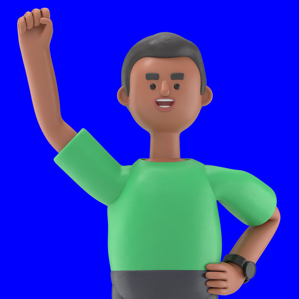 3D插图：英俊的非洲裔男性大卫做出胜利的握拳手势。强壮的蓝色背景模型。3D渲染在蓝色背景上，适用于视频素材和抠图。图片下载