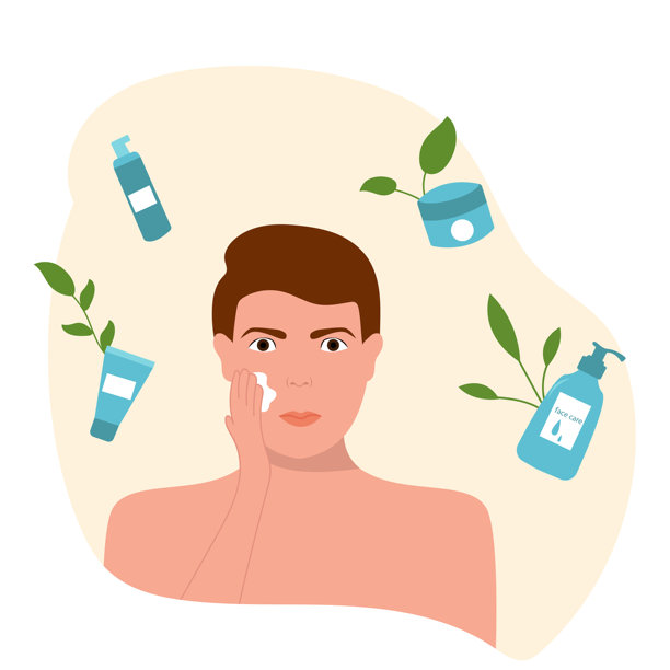 年轻男性角色使用洁面乳 男性护肤概念，矢量插图图片下载