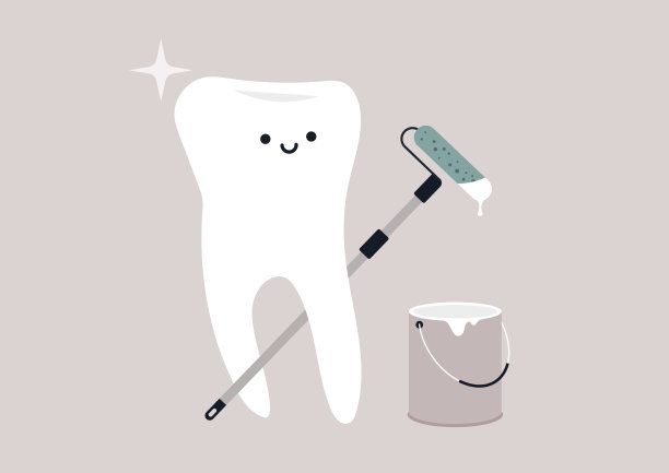 一个友好的牙齿角色作为口腔卫生的代言人，展示着一个牙齿美白套件，旁边是一桶看起来像油漆的美白溶液，表现得十分顽皮。图片下载