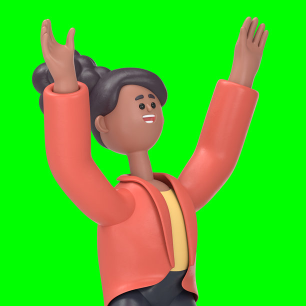 3D插图：非裔美国女性Coco在办公室里开心的样子。绿幕模型。3D渲染在绿幕上，用于视频素材和抠图。图片下载