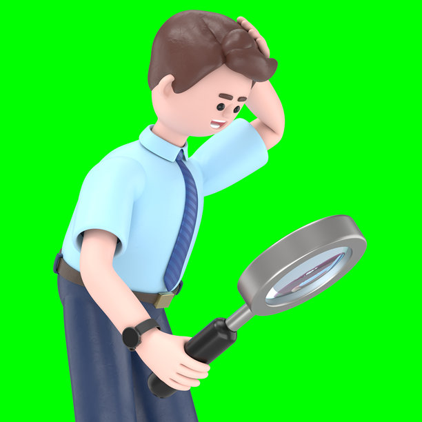 3D插图：亚洲男性Felix手持放大镜。商业分析，绿幕模型。3D渲染在绿幕上，适用于视频素材和抠图。图片下载