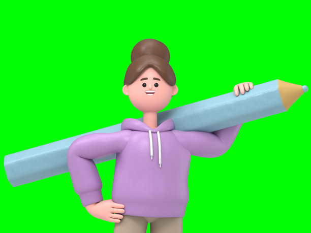 亚洲女孩Renae手持大铅笔的3D插图。绿色背景模型。3D渲染在绿色背景上，用于视频素材和抠图。图片下载
