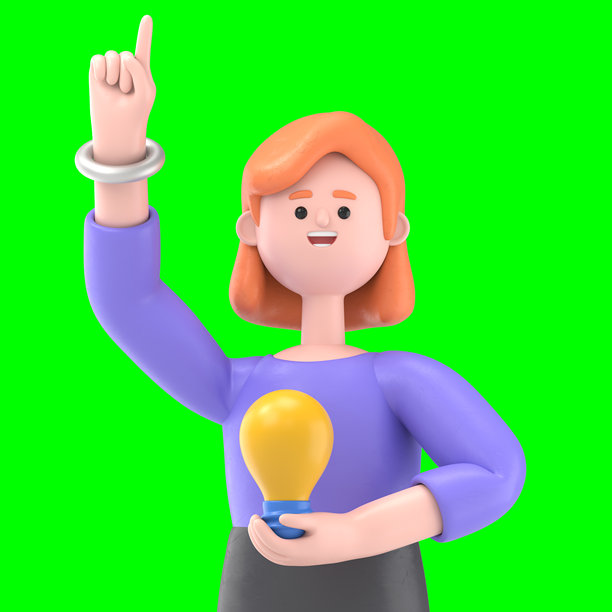 欧洲女商人艾伦的3D插图，手持灯泡。绿幕模型。3D渲染，适用于绿幕素材和抠图。图片下载