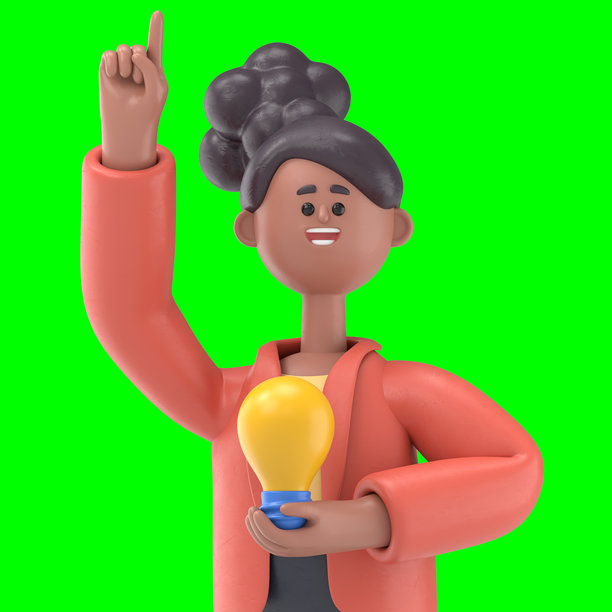 3D插图：非裔美国女性Coco与灯泡。绿屏模型。3D渲染在绿屏上，用于视频素材和抠图。图片下载
