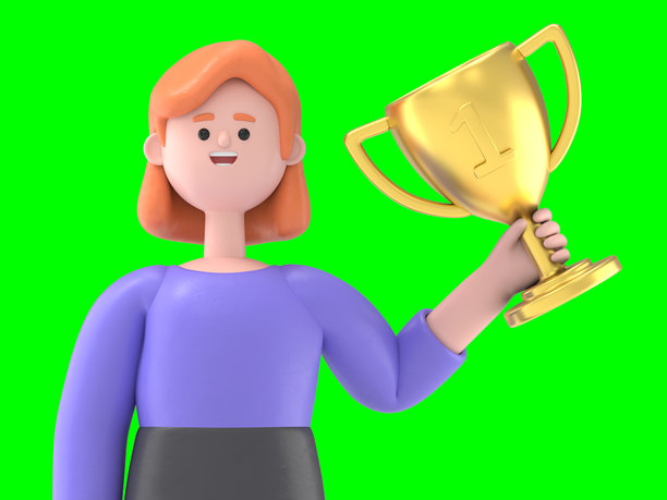 成功的商人手持奖杯和公文包，庆祝他的胜利。绿幕模型。3D渲染在绿幕上用于视频素材和抠图。图片下载
