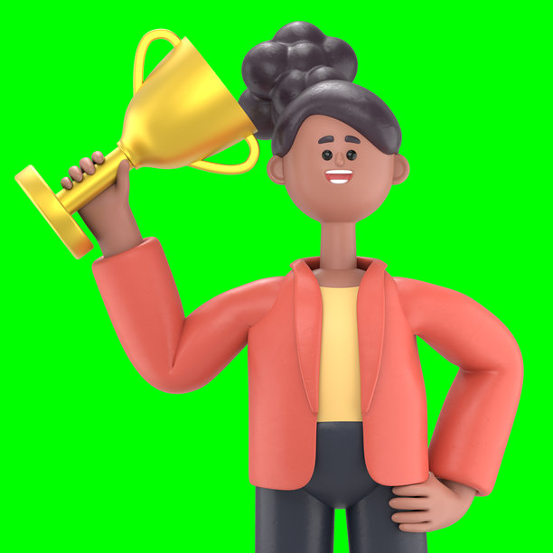 非洲裔美国女性Coco的3D插图，手持奖杯和获奖证书。绿幕模型。3D渲染在绿幕上，用于视频素材和抠图。图片下载