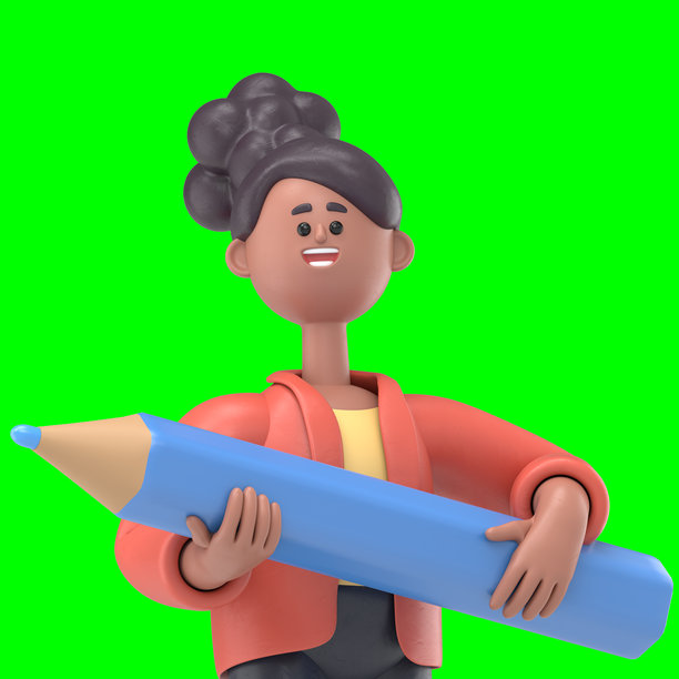 非洲裔美国女性Coco的3D插图，手持铅笔。绿色屏幕模型。3D渲染在绿色屏幕上，用于视频素材和抠图。图片下载