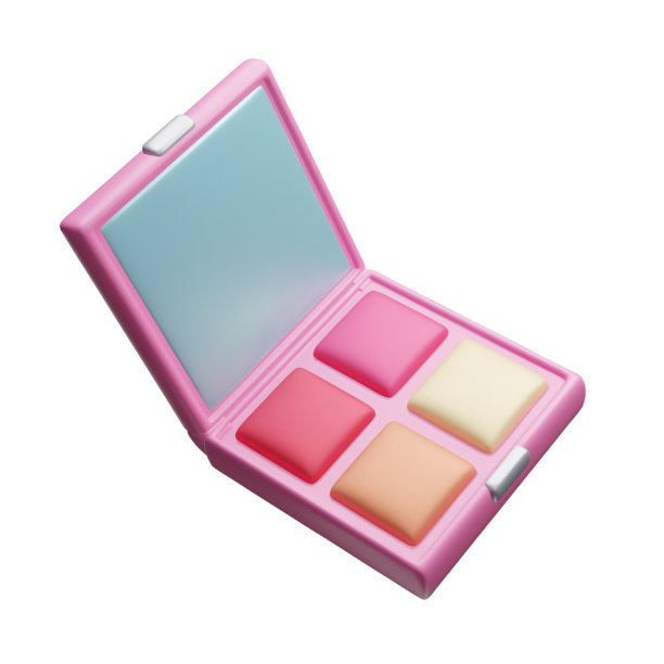 粉色美妆化妆盘 3D 风格矢量插图，背景为白色。可爱的卡通风格彩色粉色眼影和腮红化妆品。3D 口袋镜紧凑粉饼盘。图片下载