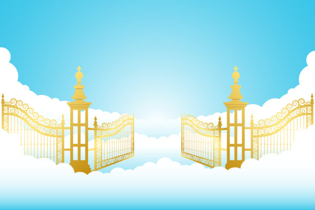 通往天堂的入口，敞开的门。通往铁艺大门的楼梯，背景是蓬松的云朵。向上的楼梯。矢量图。图片下载