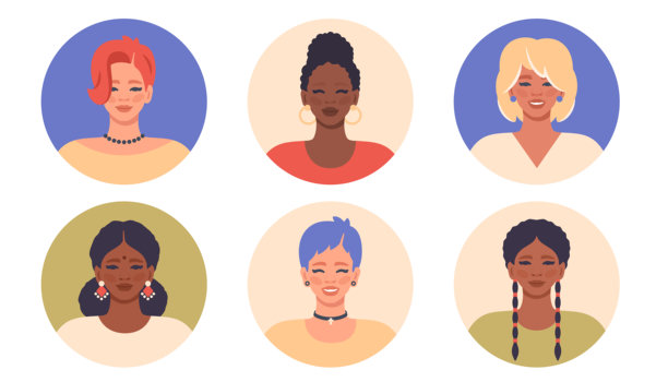 女孩头像集合。不同国籍的女性头像。多样化的女性面孔，配有发型、情感、服装和配饰。用于个人资料图片、社交媒体和应用程序的矢量卡通插图。图片下载