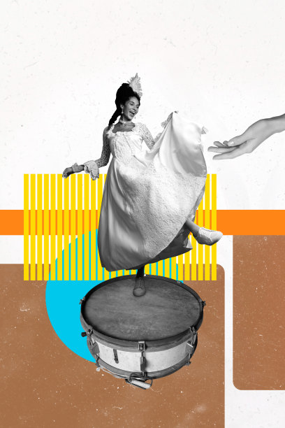 快乐的女伯爵在派对庆祝音乐会中跳舞的竖版照片拼贴，伴随着鼓乐器的壮丽节日气氛图片下载