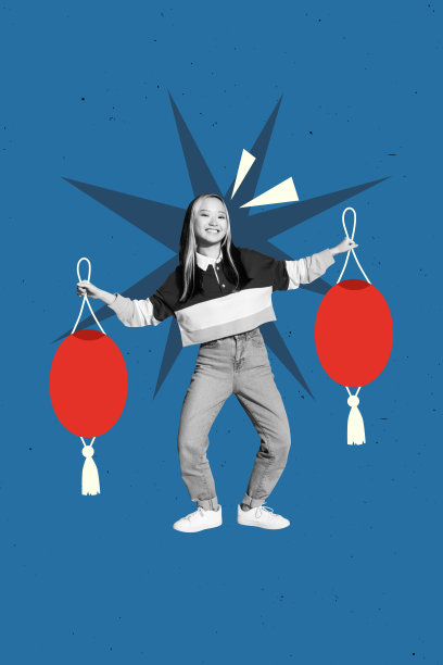 年轻女士微笑着站立，手持灯具，装饰着日本文化传统的复合3D照片拼贴设计趋势草图图片下载