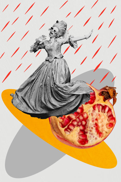 优雅的假发历史年轻女士舞蹈的3D照片拼贴艺术作品，配有太阳镜、贵族风格、紧身胸衣和石榴。图片下载