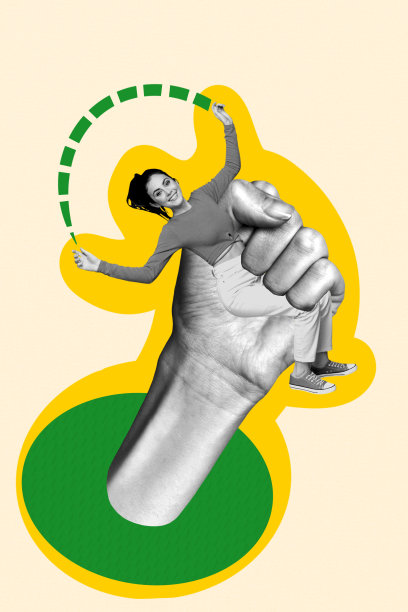 3D照片拼贴艺术作品，合成素描设计，剪影手势展示大手握住微笑的年轻女性。图片下载