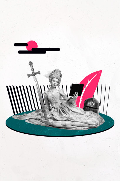 3D照片拼贴艺术作品，展示历史风格的贵族，复古束身衣，优雅的年轻女士坐着，手持剑和书籍阅读。图片下载