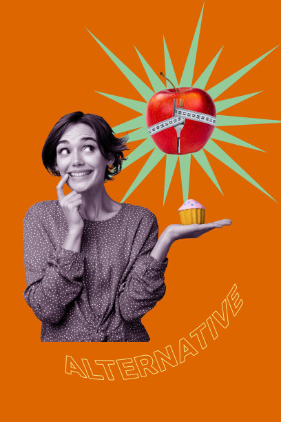 艺术图像，垂直照片拼贴，快乐女孩手持杯子蛋糕，渴望吃苹果，量尺参数，饮食拒绝。图片下载