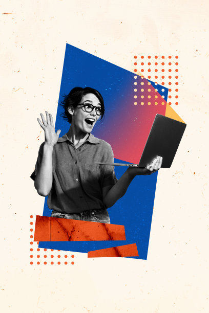 年轻女士手持笔记本电脑的综合趋势艺术作品草图，展示问候手势，佩戴眼镜，学生会议，表情符号微笑的照片拼贴。图片下载