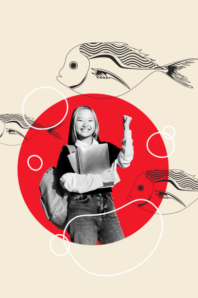 成功年轻女性的3D照片拼贴艺术作品，微笑的学生手持笔记本和背包，融合中国文化的东方纹理。图片下载