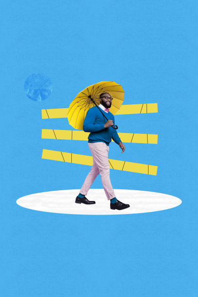 艺术图像：垂直照片拼贴，展示一位快乐的美国绅士，穿着正式服装，手持雨伞，秋季雨天的天气预报。图片下载