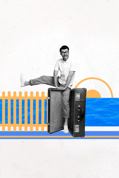 潮流艺术合成横幅照片拼贴，展示海洋旅游全球旅行社的度假目的地，年轻男子舞蹈微笑，携带行李。图片下载