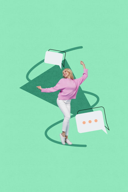 独特的垂直照片拼贴，快乐女孩站在聊天框中，交流的彩色气泡通知图片下载