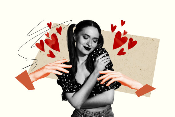 情人节爱心情感的复合趋势艺术草图照片拼贴，年轻女士拥抱吸引人的匿名手触碰。图片下载