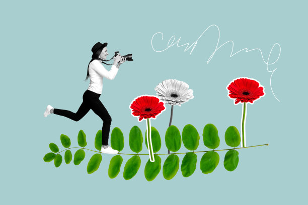 现代艺术拼贴画，快乐女孩手持现代相机拍摄春天的非洲菊花蕾照片区。图片下载