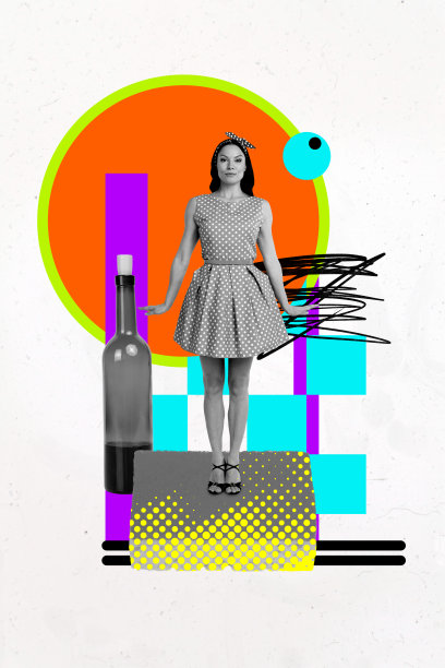 独特的垂直照片拼贴，展示快乐的复古女孩站在酒瓶旁，享受酒精饮料，庆祝放松派对。图片下载